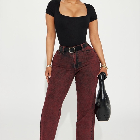 Candid Acid Wash Stretch Straight Leg Jeans - Red - Picture 1 of 4